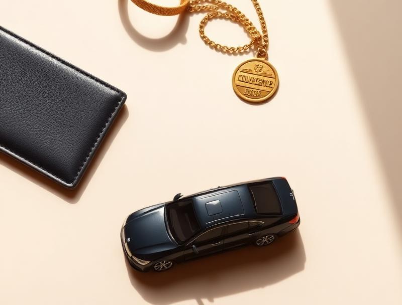 Gold tier — leather wallet, gold concierge badge and miniature car