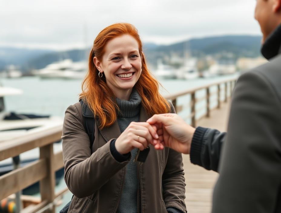 Amelia with a delivery driver handing over keys